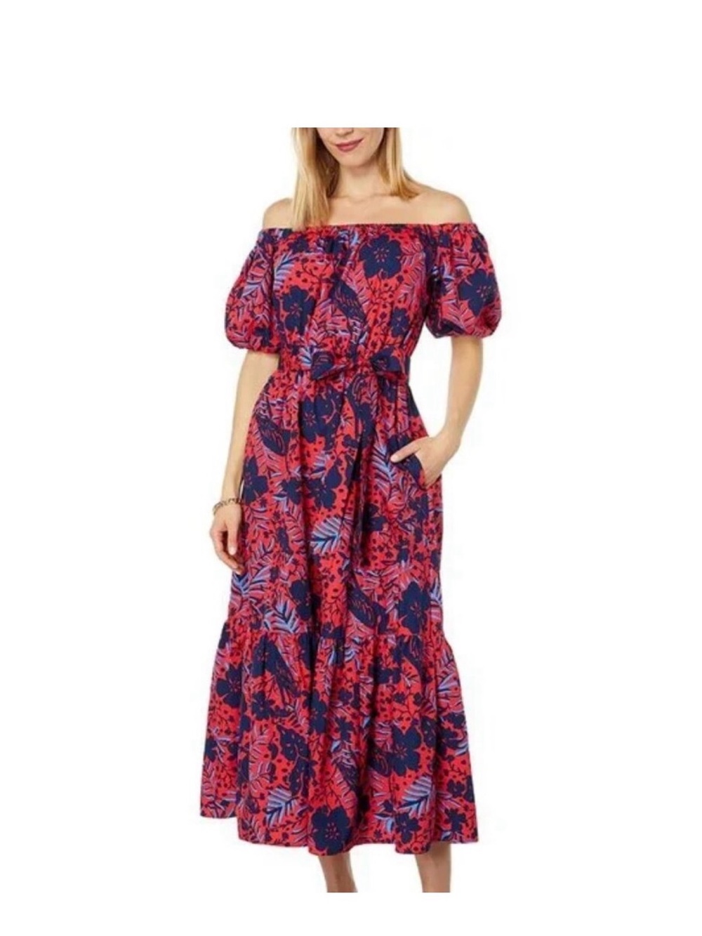 Lilly Pulitzer One-Shoulder Floral Maxi Dress in Red and Navy